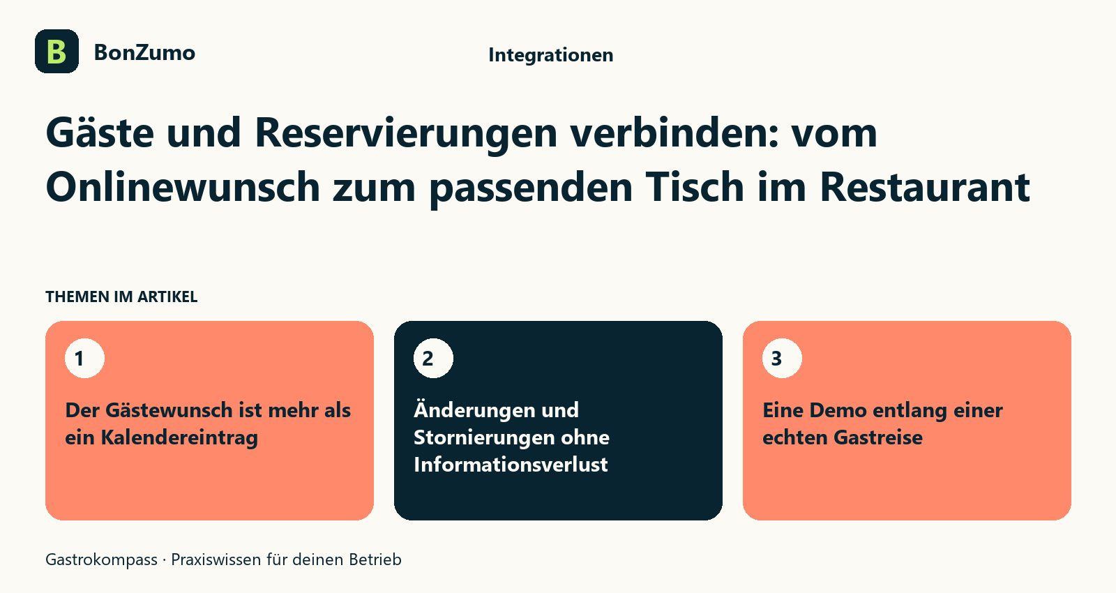 Themenübersicht zu Gäste und Reservierungen verbinden: vom Onlinewunsch zum passenden Tisch im Restaurant: Der Gästewunsch ist mehr als ein Kalendereintrag; Änderungen und Stornierungen ohne Informationsverlust; Eine Demo entlang einer echten Gastreise