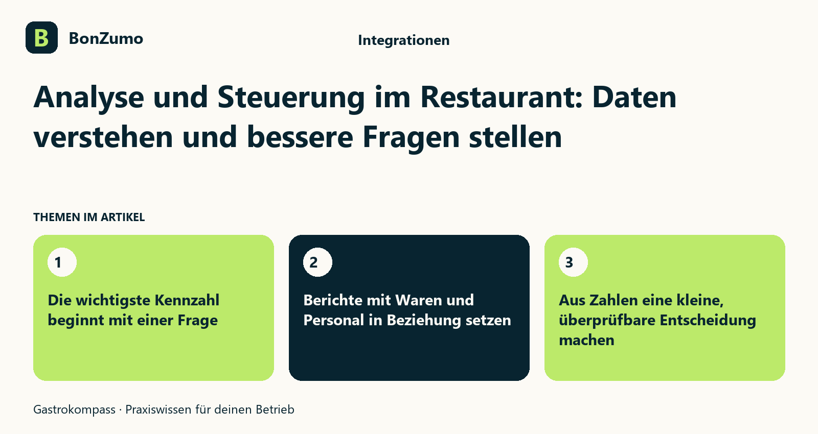 Themenübersicht zu Analyse und Steuerung im Restaurant: Daten verstehen und bessere Fragen stellen: Die wichtigste Kennzahl beginnt mit einer Frage; Berichte mit Waren und Personal in Beziehung setzen; Aus Zahlen eine kleine, überprüfbare Entscheidung machen
