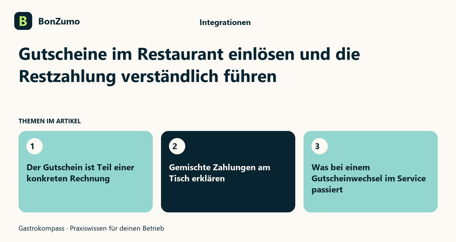 Themenübersicht zu Gutscheine im Restaurant einlösen und die Restzahlung verständlich führen: Der Gutschein ist Teil einer konkreten Rechnung; Gemischte Zahlungen am Tisch erklären; Was bei einem Gutscheinwechsel im Service passiert