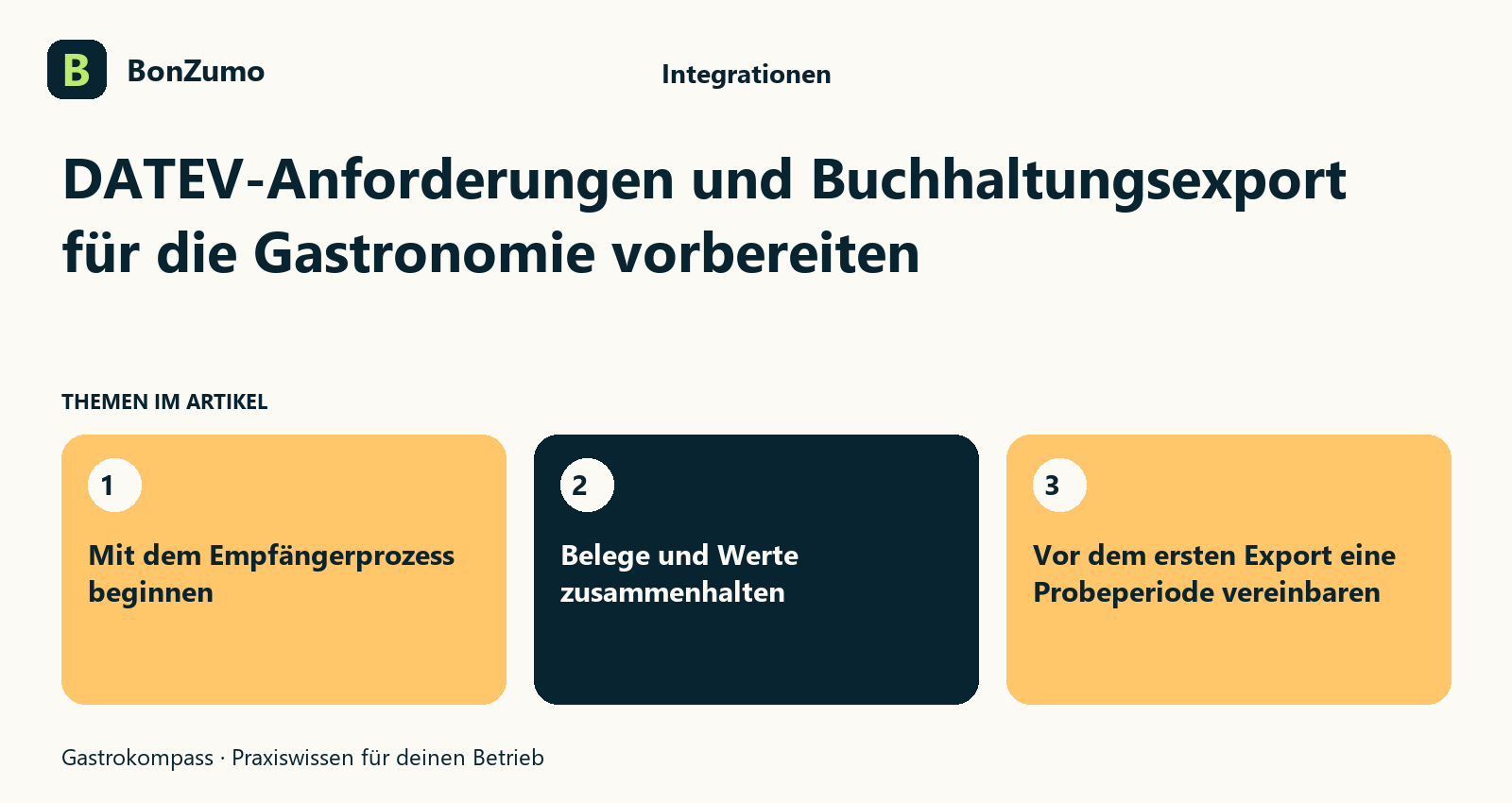 Themenübersicht zu DATEV-Anforderungen und Buchhaltungsexport für die Gastronomie vorbereiten: Mit dem Empfängerprozess beginnen; Belege und Werte zusammenhalten; Vor dem ersten Export eine Probeperiode vereinbaren