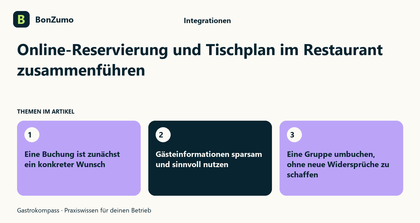 Themenübersicht zu Online-Reservierung und Tischplan im Restaurant zusammenführen: Eine Buchung ist zunächst ein konkreter Wunsch; Gästeinformationen sparsam und sinnvoll nutzen; Eine Gruppe umbuchen, ohne neue Widersprüche zu schaffen