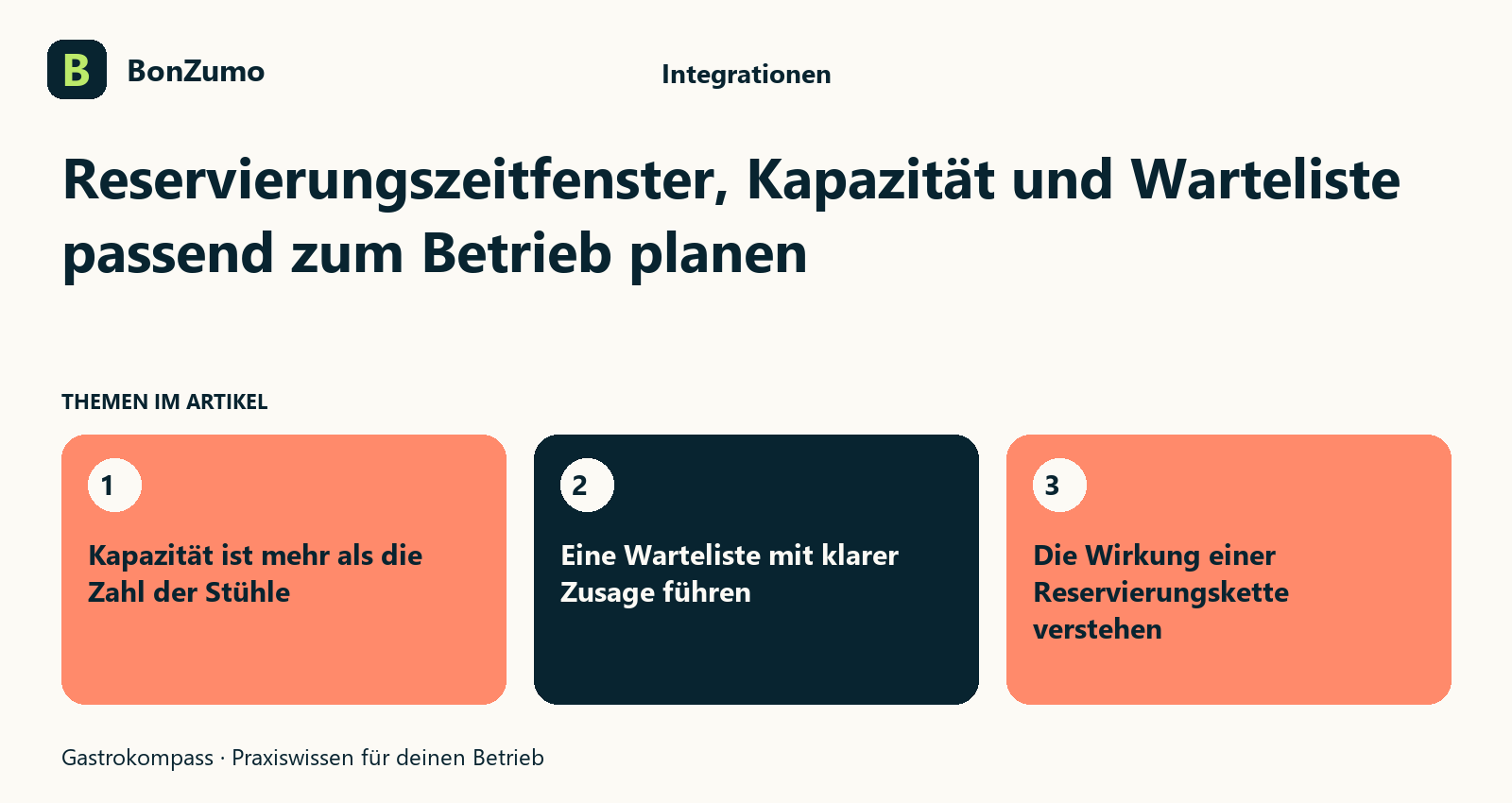 Themenübersicht zu Reservierungszeitfenster, Kapazität und Warteliste passend zum Betrieb planen: Kapazität ist mehr als die Zahl der Stühle; Eine Warteliste mit klarer Zusage führen; Die Wirkung einer Reservierungskette verstehen