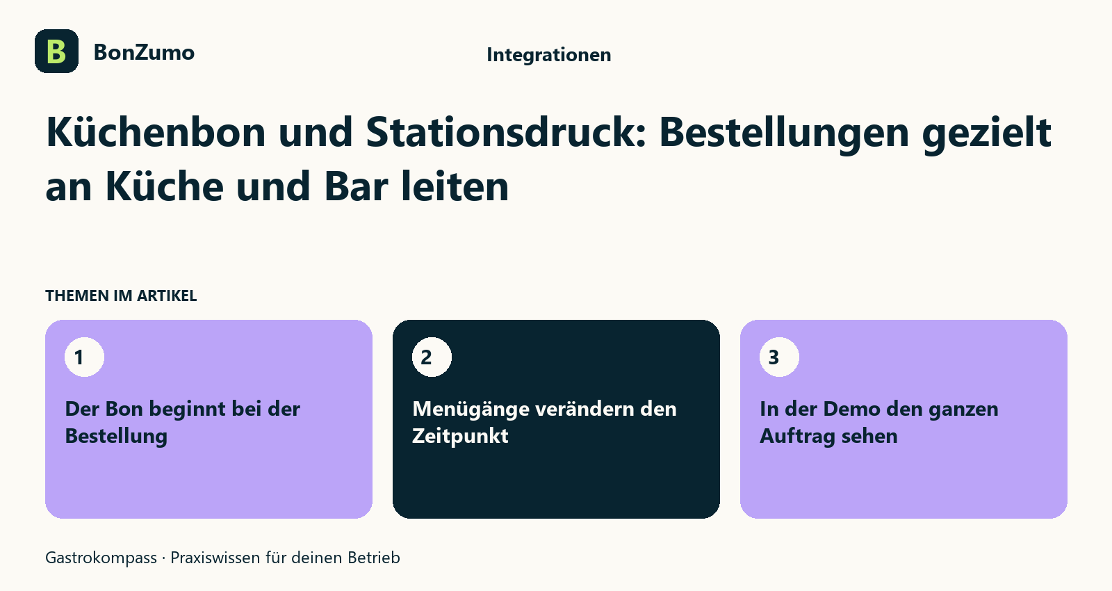 Themenübersicht zu Küchenbon und Stationsdruck: Bestellungen gezielt an Küche und Bar leiten: Der Bon beginnt bei der Bestellung; Menügänge verändern den Zeitpunkt; In der Demo den ganzen Auftrag sehen