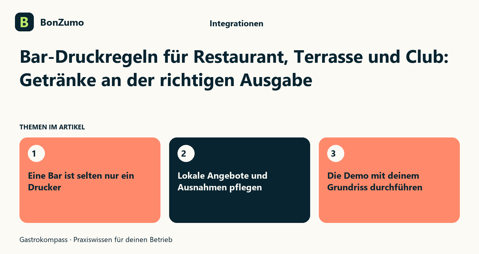 Themenübersicht zu Bar-Druckregeln für Restaurant, Terrasse und Club: Getränke an der richtigen Ausgabe: Eine Bar ist selten nur ein Drucker; Lokale Angebote und Ausnahmen pflegen; Die Demo mit deinem Grundriss durchführen