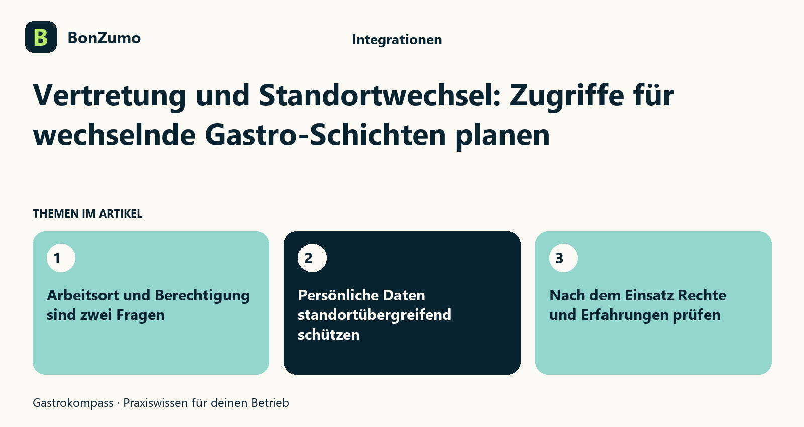 Themenübersicht zu Vertretung und Standortwechsel: Zugriffe für wechselnde Gastro-Schichten planen: Arbeitsort und Berechtigung sind zwei Fragen; Persönliche Daten standortübergreifend schützen; Nach dem Einsatz Rechte und Erfahrungen prüfen