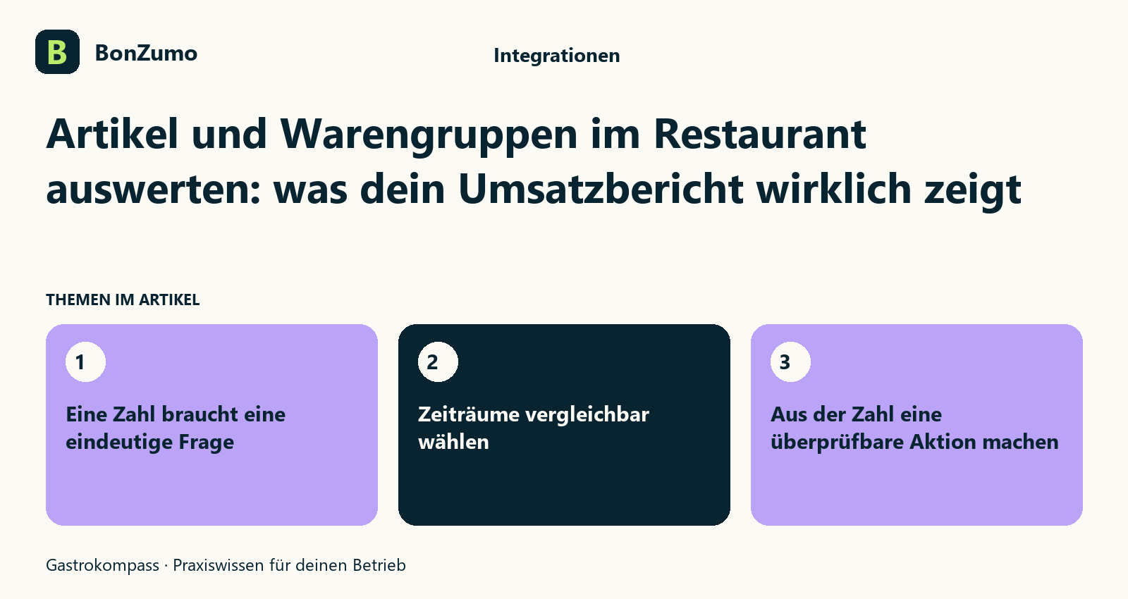 Themenübersicht zu Artikel und Warengruppen im Restaurant auswerten: was dein Umsatzbericht wirklich zeigt: Eine Zahl braucht eine eindeutige Frage; Zeiträume vergleichbar wählen; Aus der Zahl eine überprüfbare Aktion machen