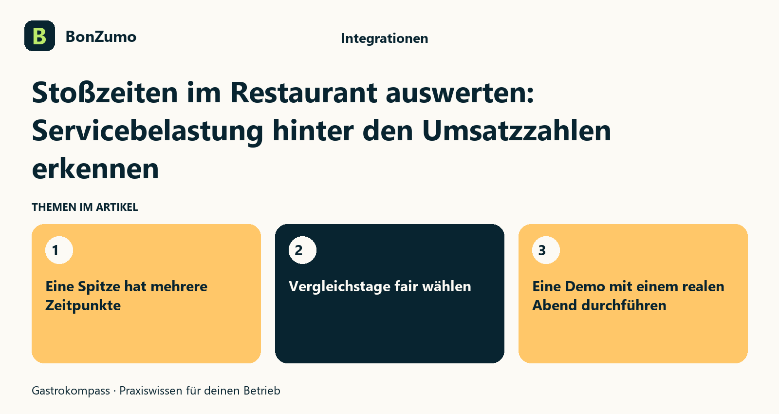 Themenübersicht zu Stoßzeiten im Restaurant auswerten: Servicebelastung hinter den Umsatzzahlen erkennen: Eine Spitze hat mehrere Zeitpunkte; Vergleichstage fair wählen; Eine Demo mit einem realen Abend durchführen