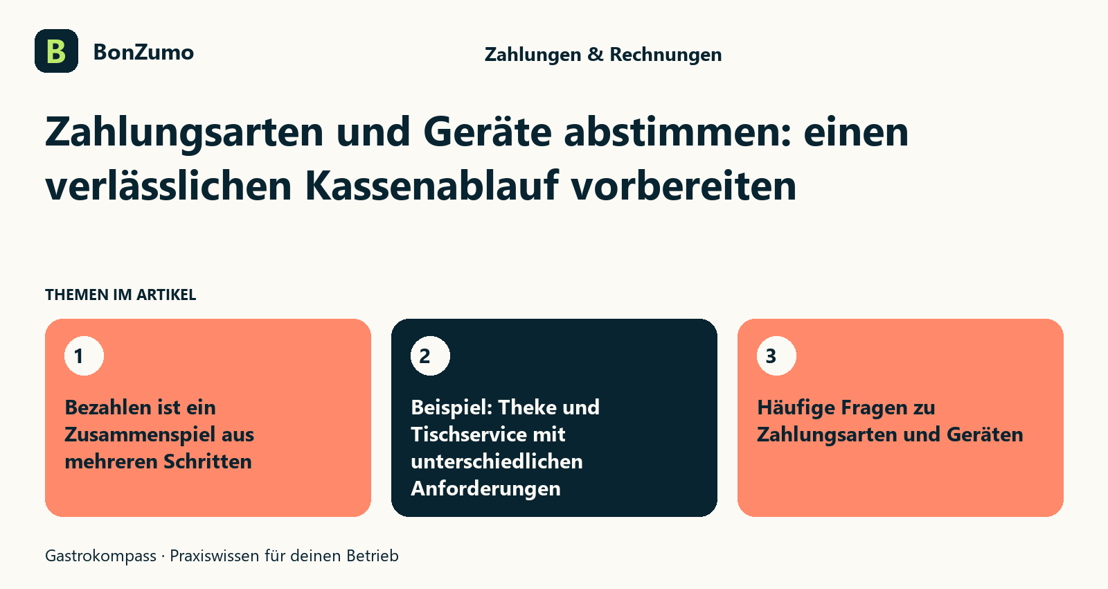 Themenübersicht zu Zahlungsarten und Geräte abstimmen: einen verlässlichen Kassenablauf vorbereiten: Bezahlen ist ein Zusammenspiel aus mehreren Schritten; Beispiel: Theke und Tischservice mit unterschiedlichen Anforderungen; Häufige Fragen zu Zahlungsarten und Geräten