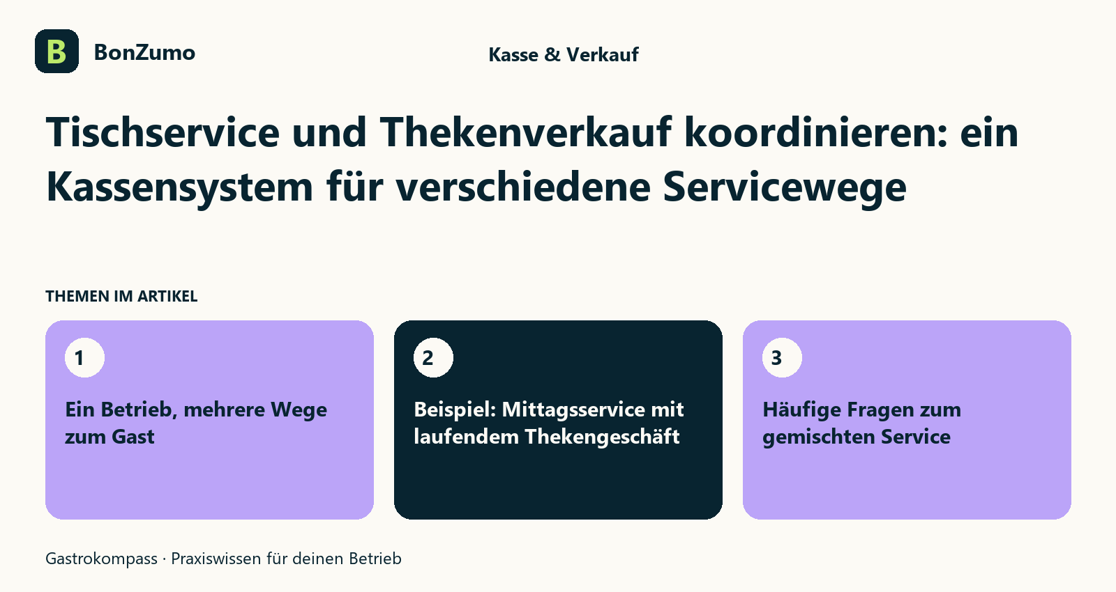 Themenübersicht zu Tischservice und Thekenverkauf koordinieren: ein Kassensystem für verschiedene Servicewege: Ein Betrieb, mehrere Wege zum Gast; Beispiel: Mittagsservice mit laufendem Thekengeschäft; Häufige Fragen zum gemischten Service