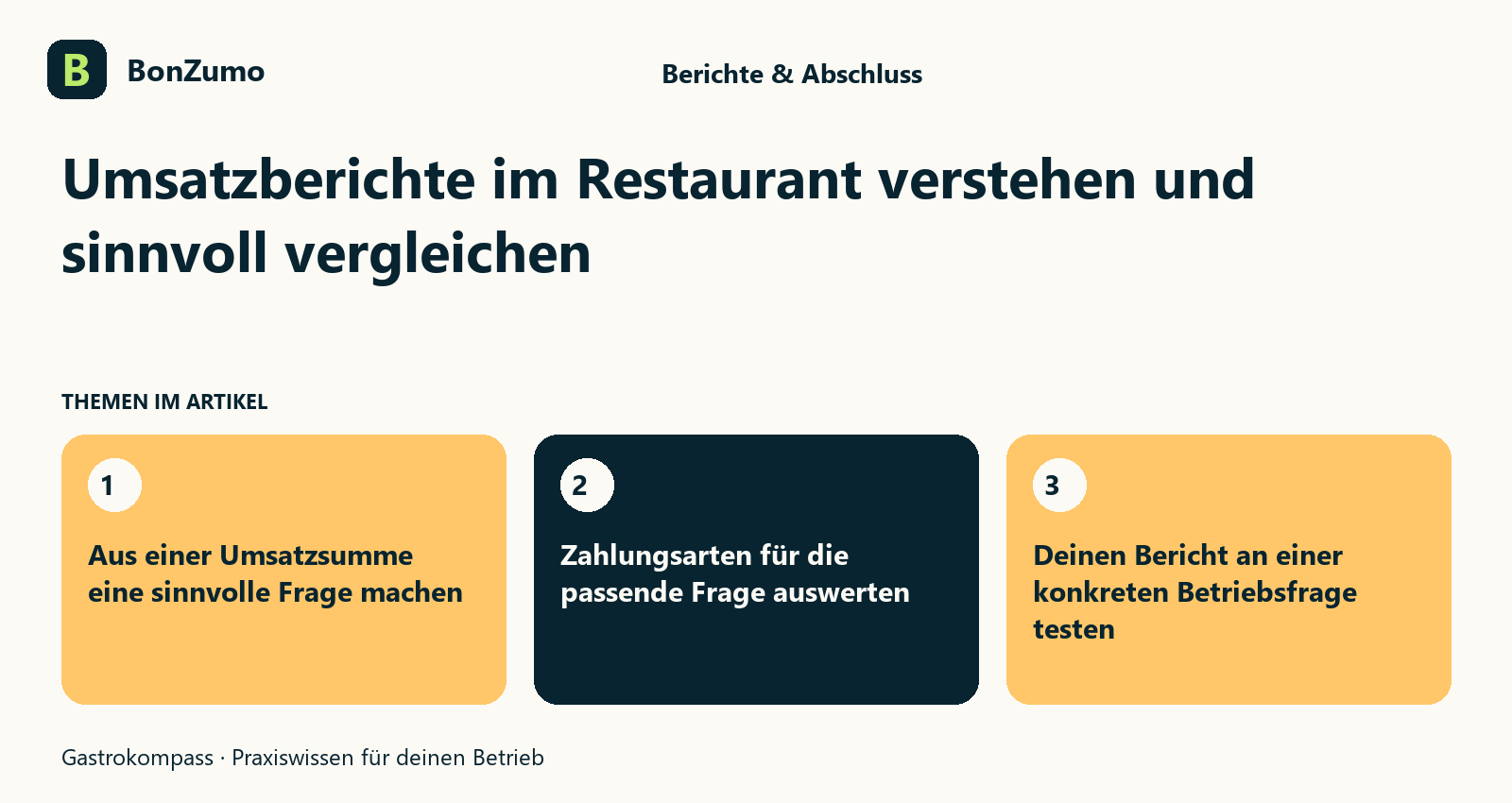 Themenübersicht zu Umsatzberichte im Restaurant verstehen und sinnvoll vergleichen: Aus einer Umsatzsumme eine sinnvolle Frage machen; Zahlungsarten für die passende Frage auswerten; Deinen Bericht an einer konkreten Betriebsfrage testen