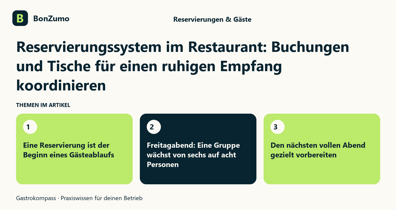 Themenübersicht zu Reservierungssystem im Restaurant: Buchungen und Tische für einen ruhigen Empfang koordinieren: Eine Reservierung ist der Beginn eines Gästeablaufs; Freitagabend: Eine Gruppe wächst von sechs auf acht Personen; Den nächsten vollen Abend gezielt vorbereiten