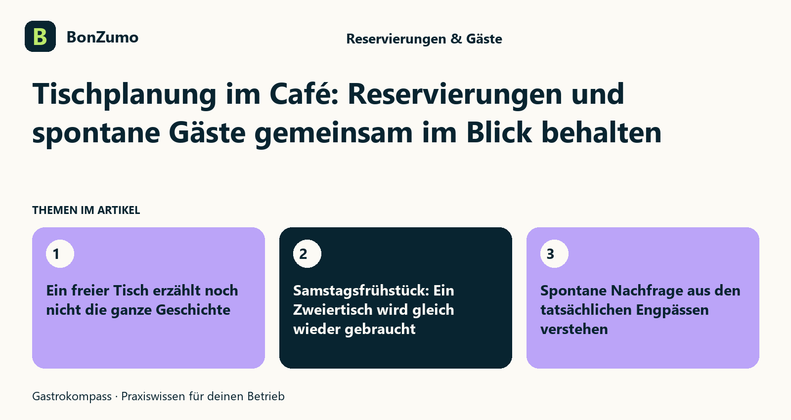 Themenübersicht zu Tischplanung im Café: Reservierungen und spontane Gäste gemeinsam im Blick behalten: Ein freier Tisch erzählt noch nicht die ganze Geschichte; Samstagsfrühstück: Ein Zweiertisch wird gleich wieder gebraucht; Spontane Nachfrage aus den tatsächlichen Engpässen verstehen