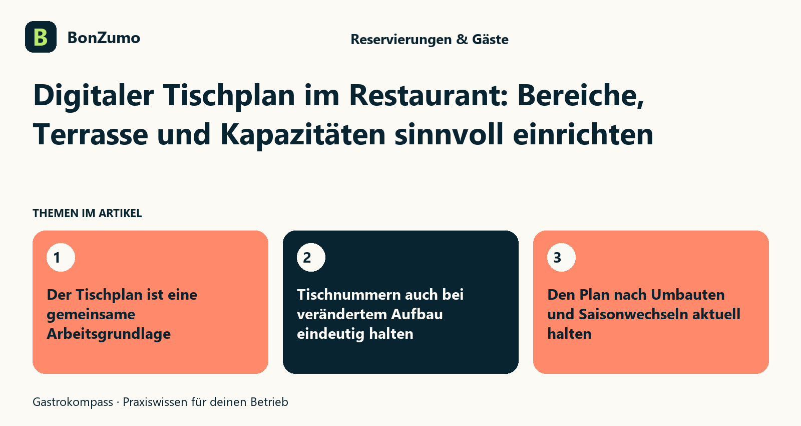 Themenübersicht zu Digitaler Tischplan im Restaurant: Bereiche, Terrasse und Kapazitäten sinnvoll einrichten: Der Tischplan ist eine gemeinsame Arbeitsgrundlage; Tischnummern auch bei verändertem Aufbau eindeutig halten; Den Plan nach Umbauten und Saisonwechseln aktuell halten