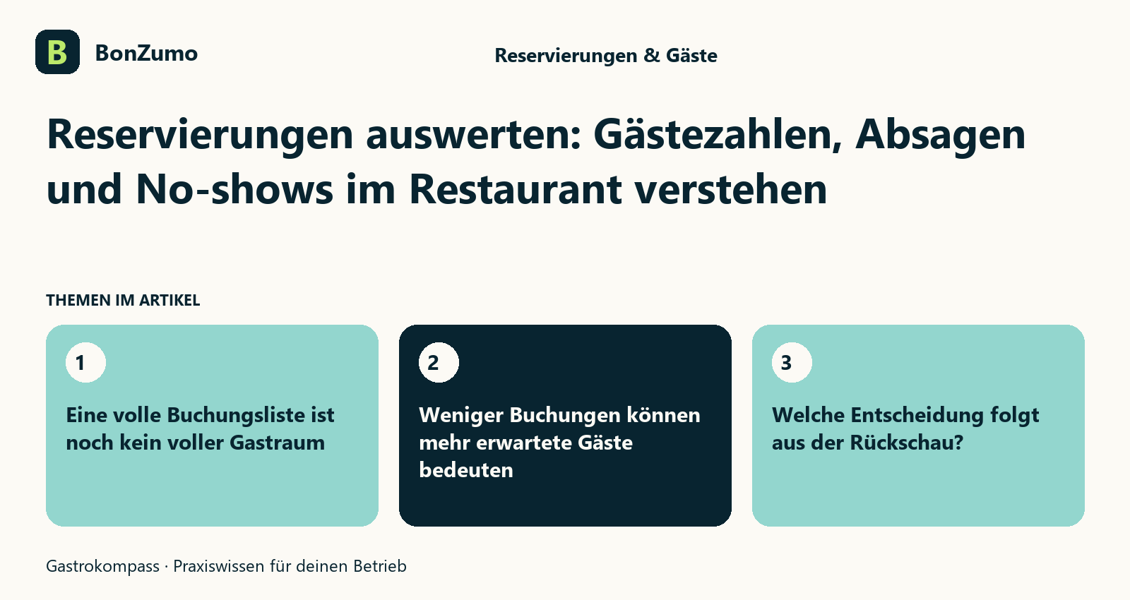 Themenübersicht zu Reservierungen auswerten: Gästezahlen, Absagen und No-shows im Restaurant verstehen: Eine volle Buchungsliste ist noch kein voller Gastraum; Weniger Buchungen können mehr erwartete Gäste bedeuten; Welche Entscheidung folgt aus der Rückschau?