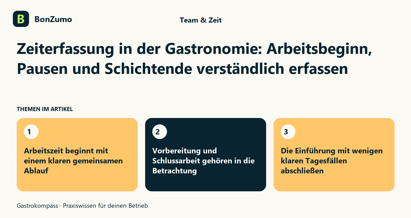 Themenübersicht zu Zeiterfassung in der Gastronomie: Arbeitsbeginn, Pausen und Schichtende verständlich erfassen: Arbeitszeit beginnt mit einem klaren gemeinsamen Ablauf; Vorbereitung und Schlussarbeit gehören in die Betrachtung; Die Einführung mit wenigen klaren Tagesfällen abschließen