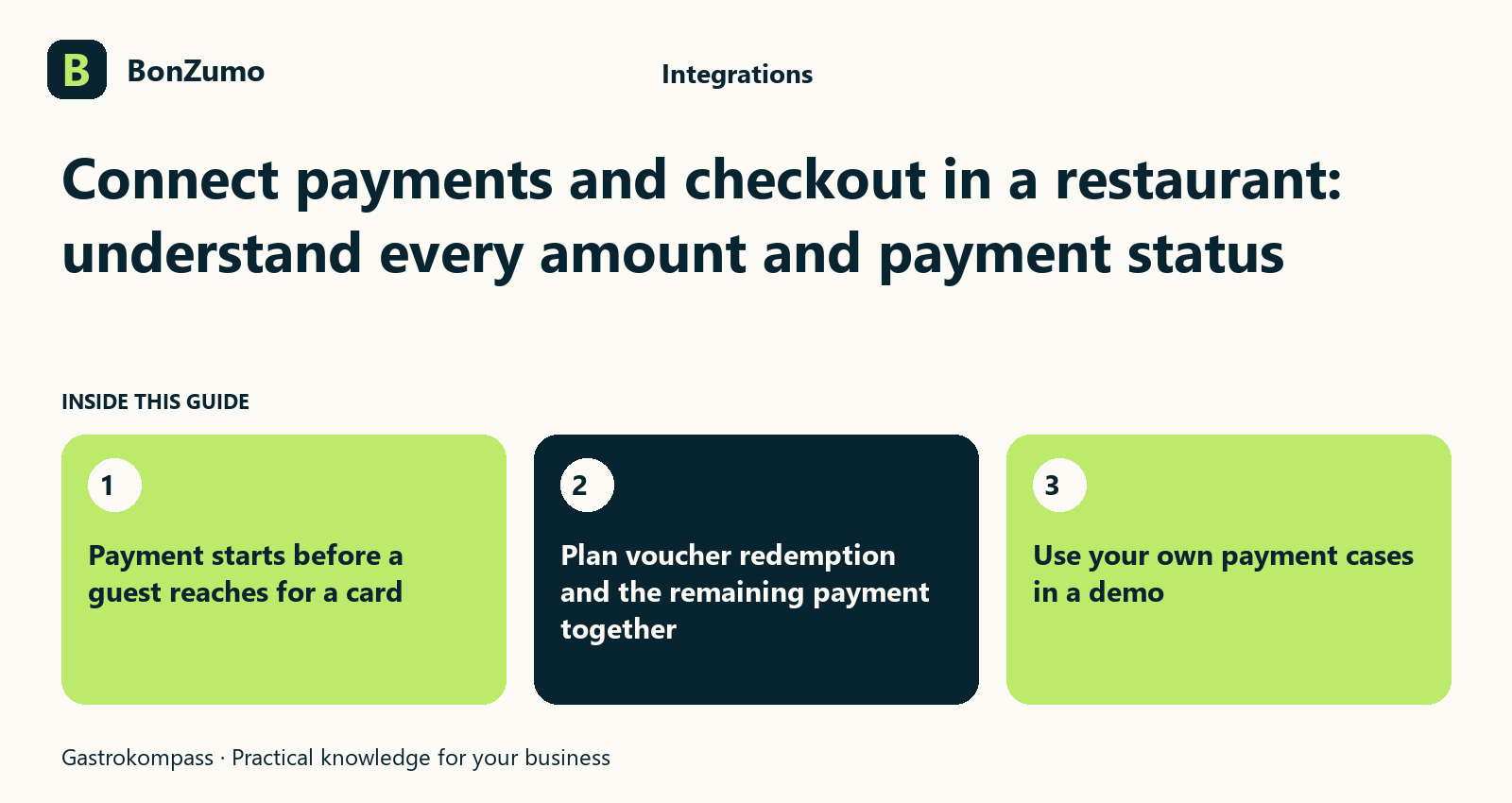 Guide overview: Connect payments and checkout in a restaurant: understand every amount and payment status: Payment starts before a guest reaches for a card; Plan voucher redemption and the remaining payment together; Use your own payment cases in a demo