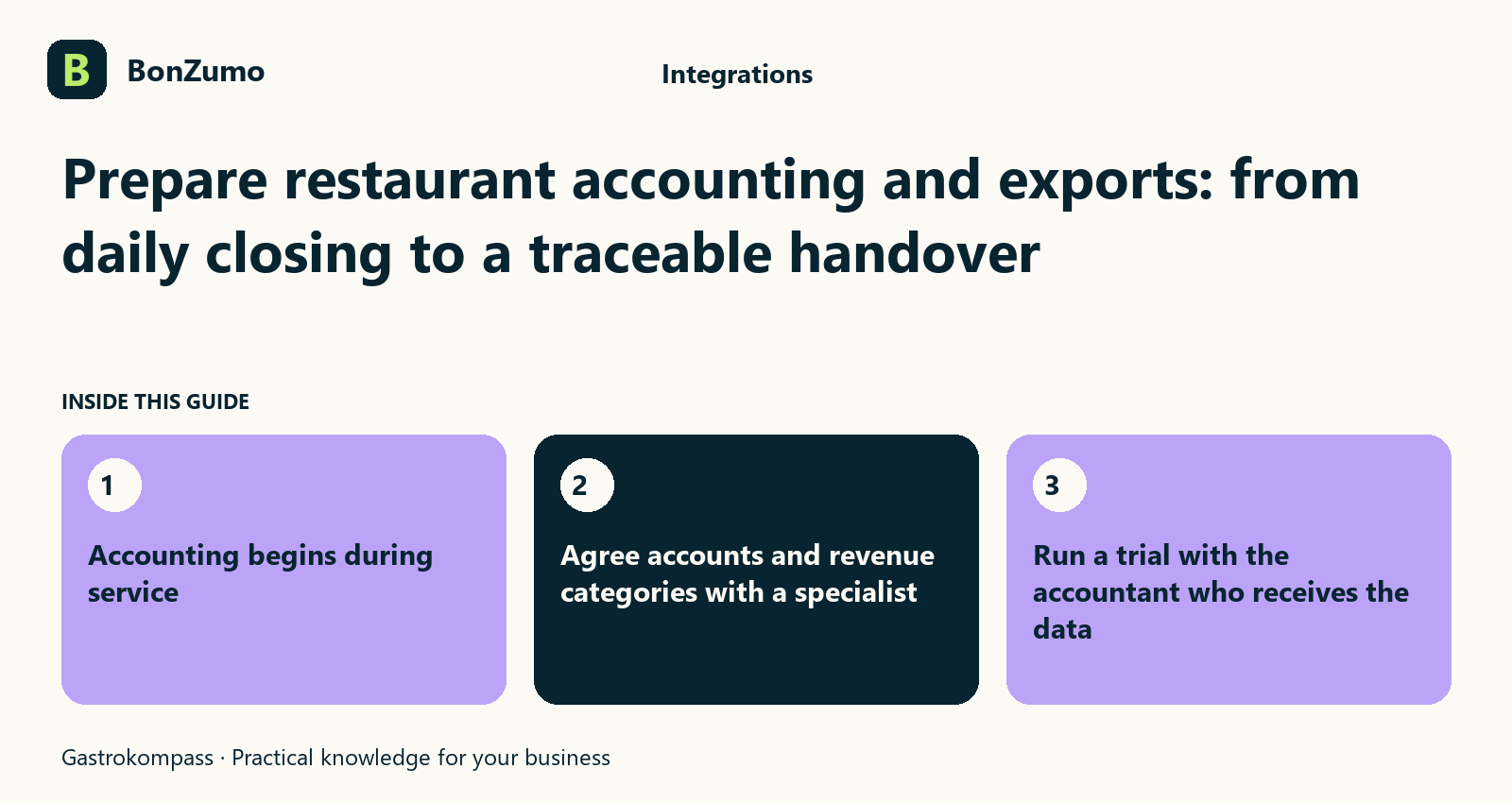 Guide overview: Prepare restaurant accounting and exports: from daily closing to a traceable handover: Accounting begins during service; Agree accounts and revenue categories with a specialist; Run a trial with the accountant who receives the data