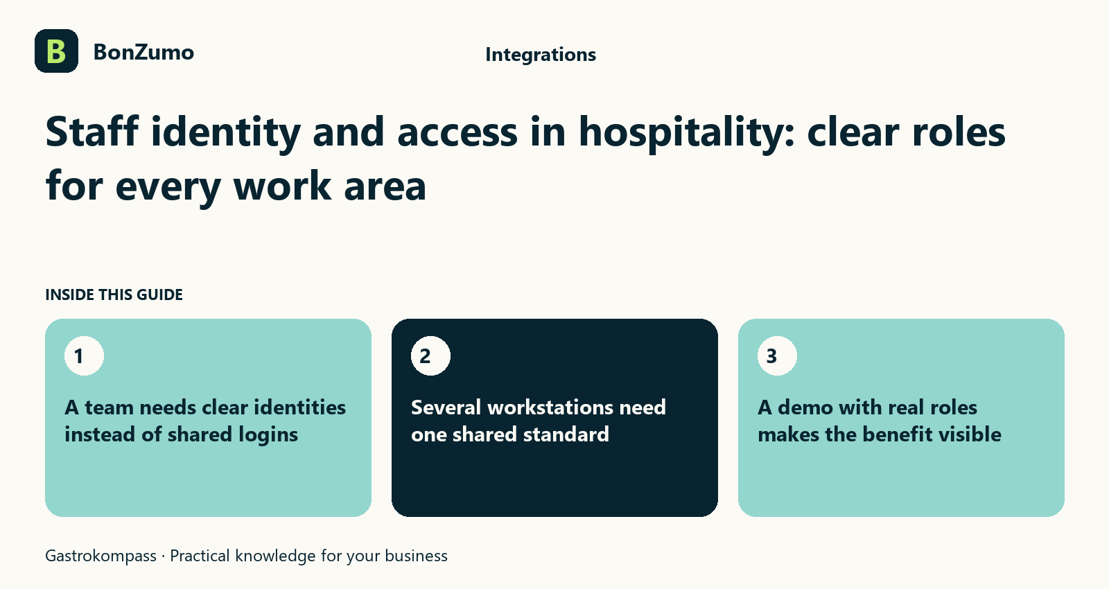 Guide overview: Staff identity and access in hospitality: clear roles for every work area: A team needs clear identities instead of shared logins; Several workstations need one shared standard; A demo with real roles makes the benefit visible