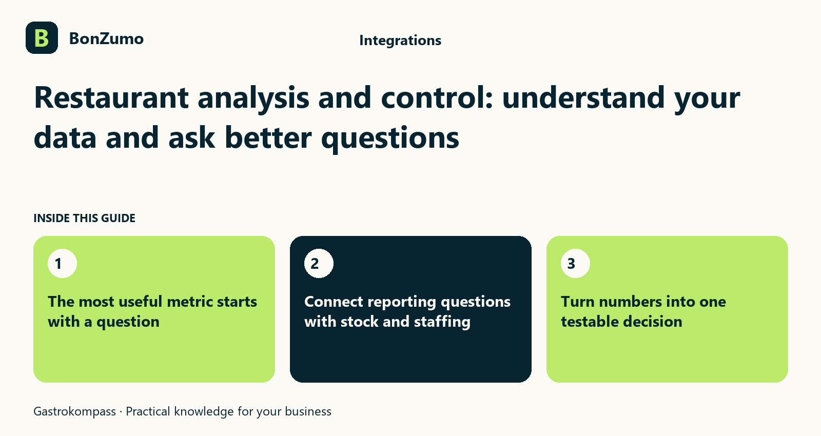 Guide overview: Restaurant analysis and control: understand your data and ask better questions: The most useful metric starts with a question; Connect reporting questions with stock and staffing; Turn numbers into one testable decision