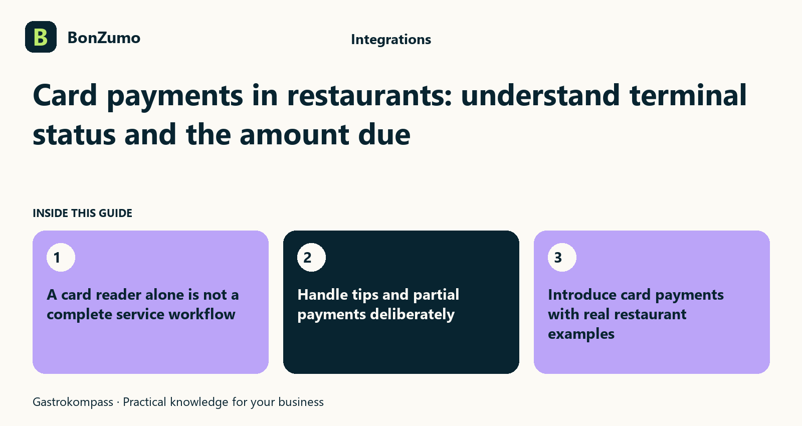 Guide overview: Card payments in restaurants: understand terminal status and the amount due: A card reader alone is not a complete service workflow; Handle tips and partial payments deliberately; Introduce card payments with real restaurant examples