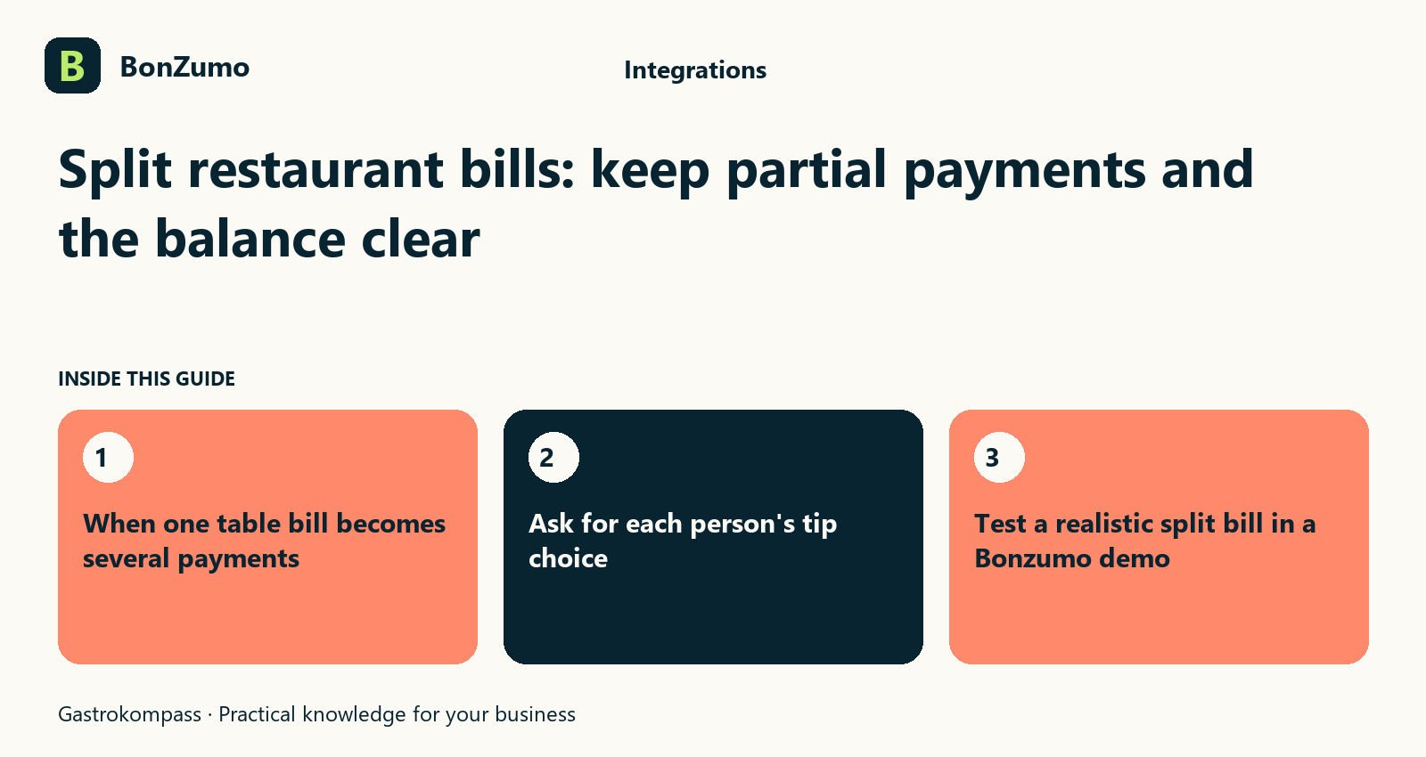 Guide overview: Split restaurant bills: keep partial payments and the balance clear: When one table bill becomes several payments; Ask for each person's tip choice; Test a realistic split bill in a Bonzumo demo