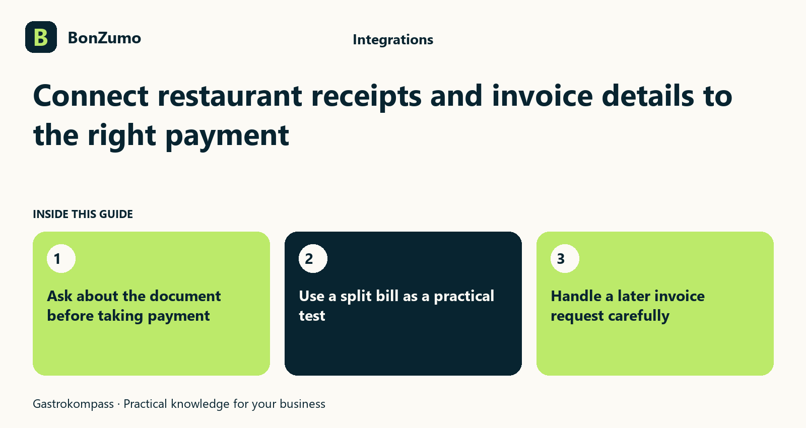 Guide overview: Connect restaurant receipts and invoice details to the right payment: Ask about the document before taking payment; Use a split bill as a practical test; Handle a later invoice request carefully