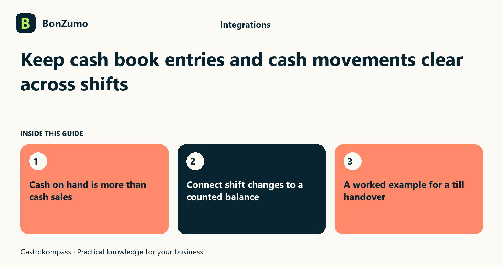Guide overview: Keep cash book entries and cash movements clear across shifts: Cash on hand is more than cash sales; Connect shift changes to a counted balance; A worked example for a till handover