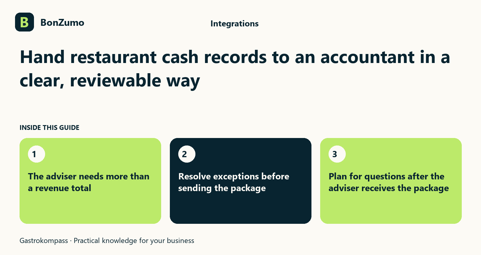Guide overview: Hand restaurant cash records to an accountant in a clear, reviewable way: The adviser needs more than a revenue total; Resolve exceptions before sending the package; Plan for questions after the adviser receives the package