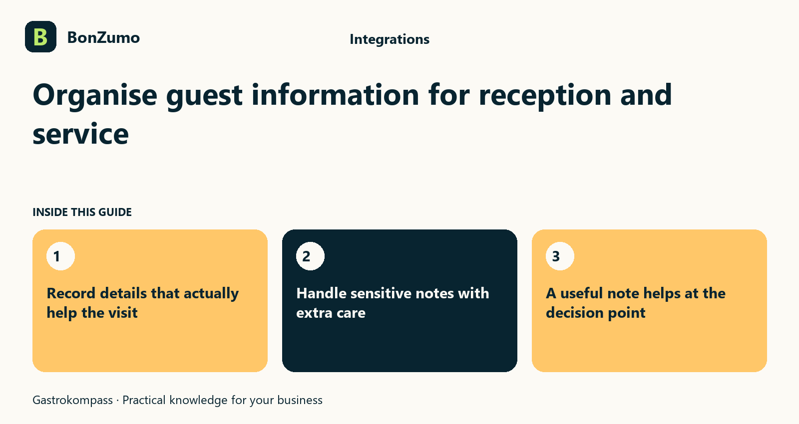 Guide overview: Organise guest information for reception and service: Record details that actually help the visit; Handle sensitive notes with extra care; A useful note helps at the decision point