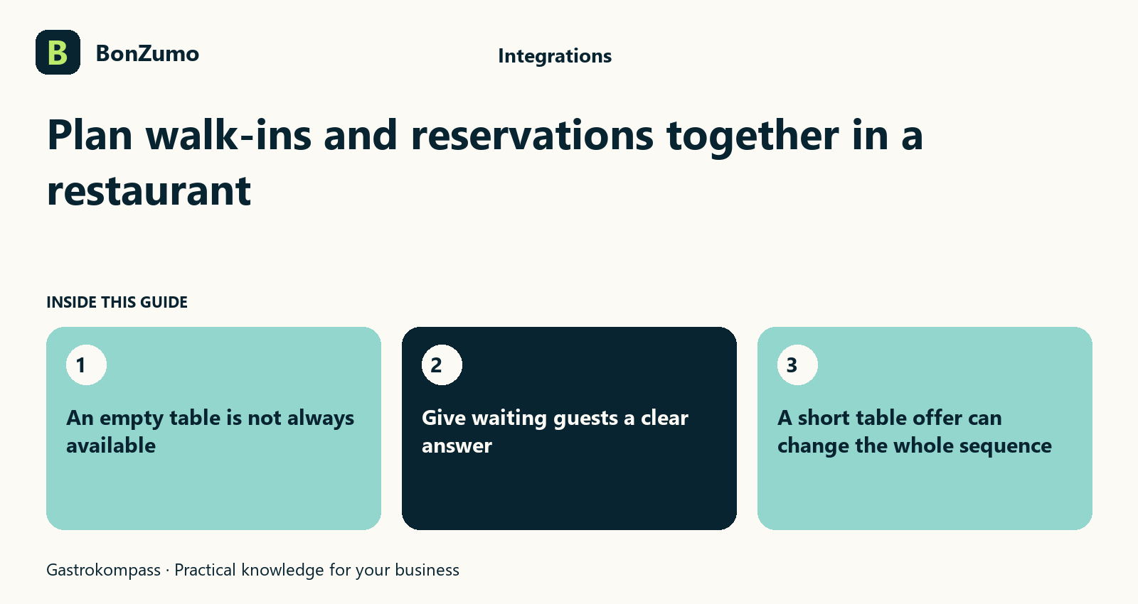 Guide overview: Plan walk-ins and reservations together in a restaurant: An empty table is not always available; Give waiting guests a clear answer; A short table offer can change the whole sequence