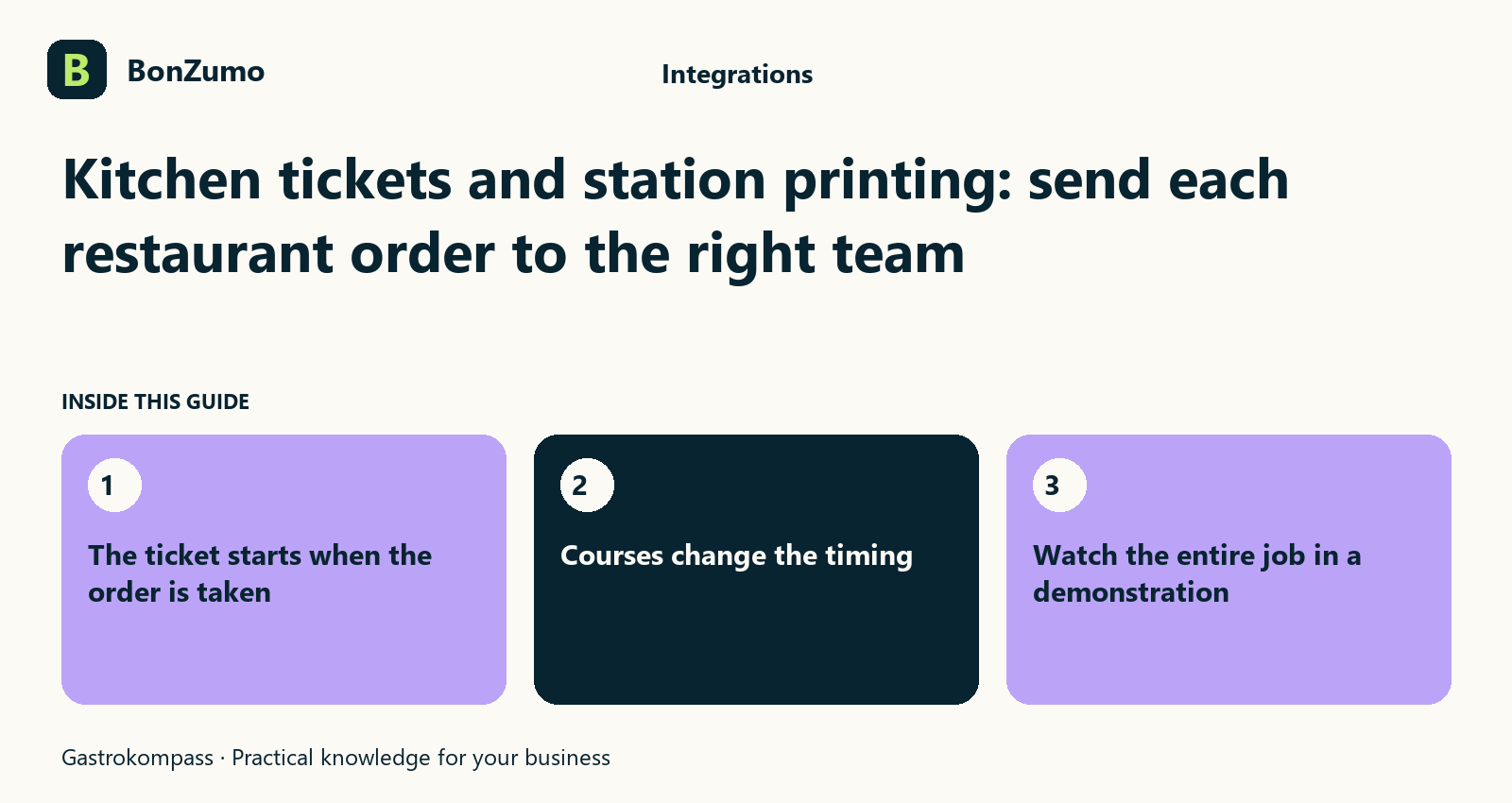 Guide overview: Kitchen tickets and station printing: send each restaurant order to the right team: The ticket starts when the order is taken; Courses change the timing; Watch the entire job in a demonstration