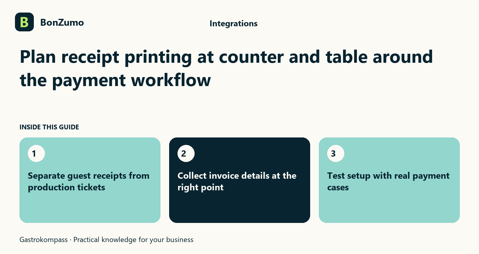 Guide overview: Plan receipt printing at counter and table around the payment workflow: Separate guest receipts from production tickets; Collect invoice details at the right point; Test setup with real payment cases