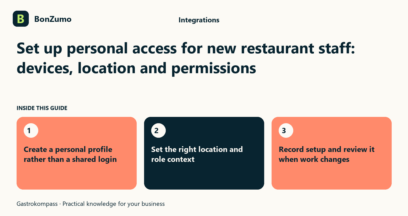 Guide overview: Set up personal access for new restaurant staff: devices, location and permissions: Create a personal profile rather than a shared login; Set the right location and role context; Record setup and review it when work changes