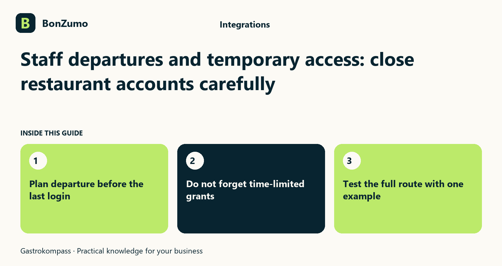 Guide overview: Staff departures and temporary access: close restaurant accounts carefully: Plan departure before the last login; Do not forget time-limited grants; Test the full route with one example