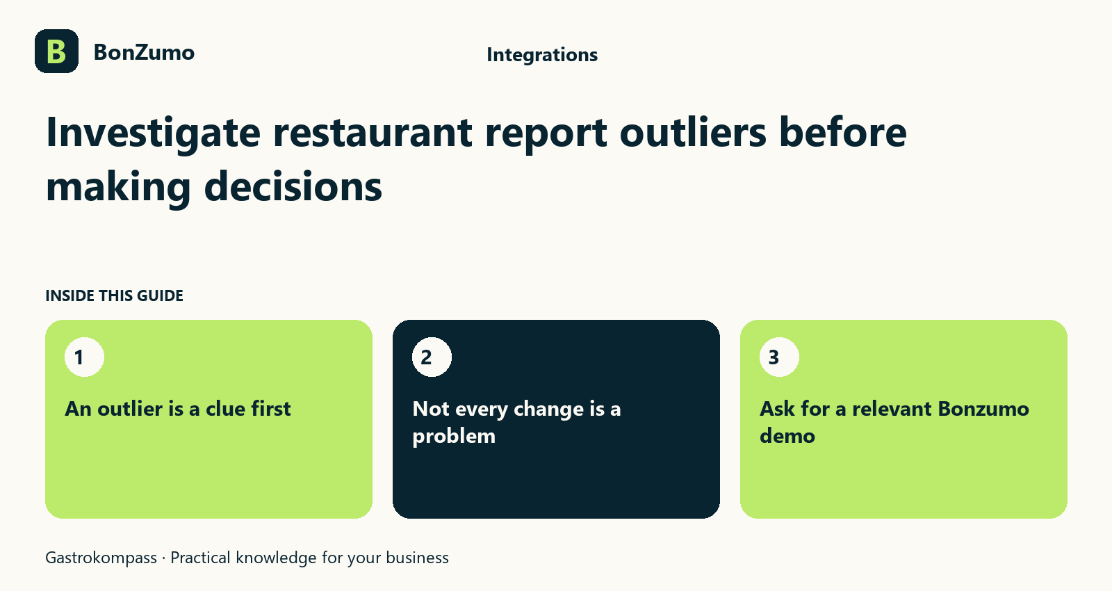 Guide overview: Investigate restaurant report outliers before making decisions: An outlier is a clue first; Not every change is a problem; Ask for a relevant Bonzumo demo