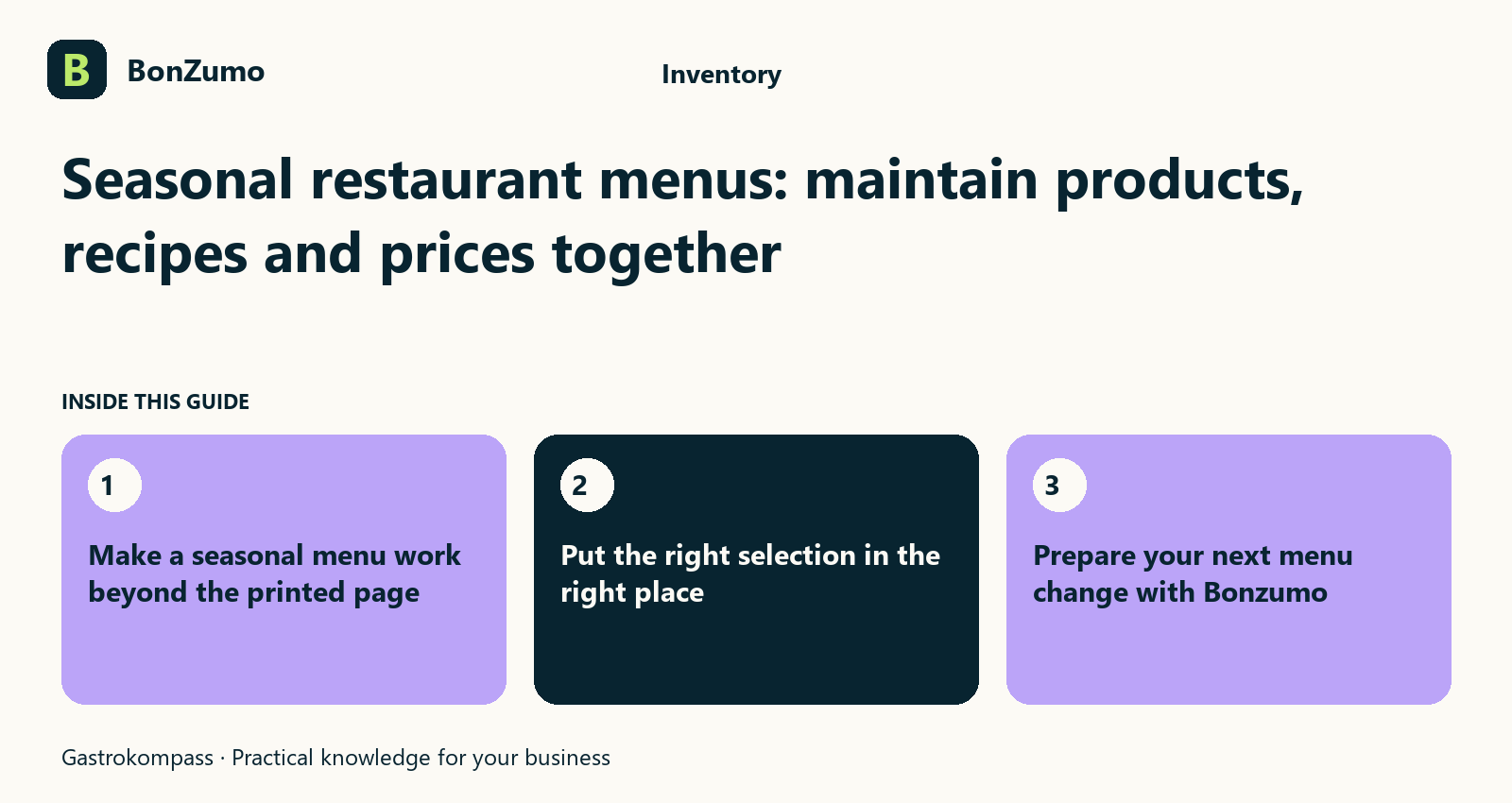 Guide overview: Seasonal restaurant menus: maintain products, recipes and prices together: Make a seasonal menu work beyond the printed page; Put the right selection in the right place; Prepare your next menu change with Bonzumo
