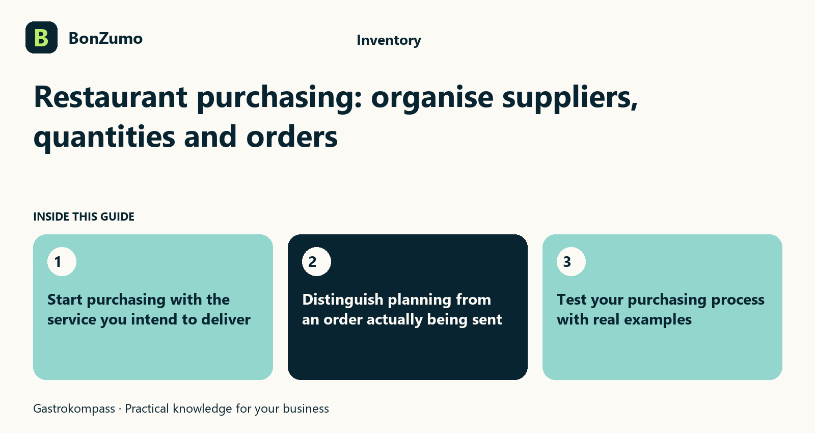 Guide overview: Restaurant purchasing: organise suppliers, quantities and orders: Start purchasing with the service you intend to deliver; Distinguish planning from an order actually being sent; Test your purchasing process with real examples