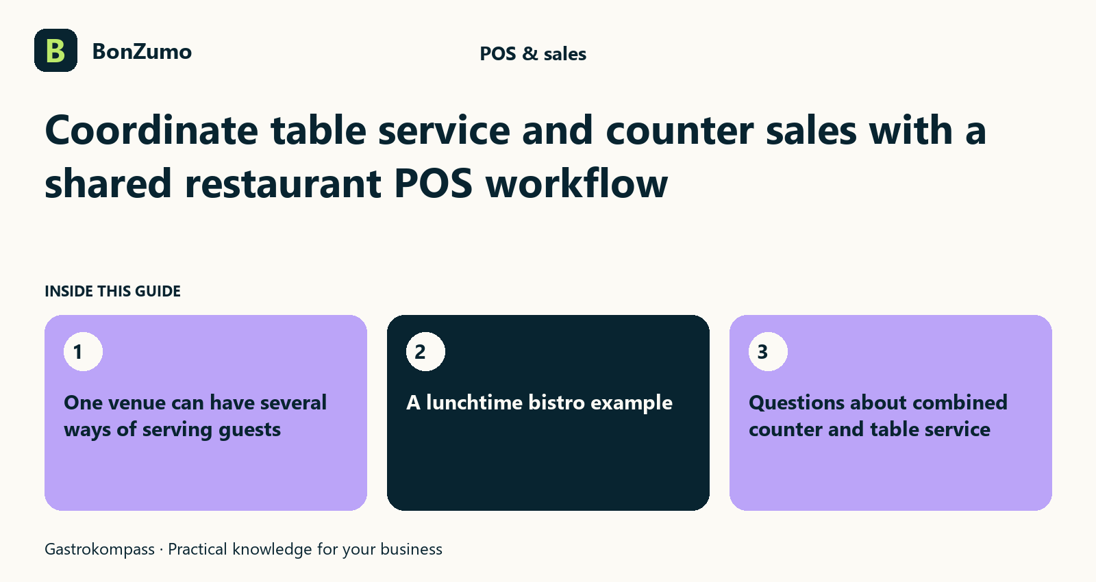 Guide overview: Coordinate table service and counter sales with a shared restaurant POS workflow: One venue can have several ways of serving guests; A lunchtime bistro example; Questions about combined counter and table service