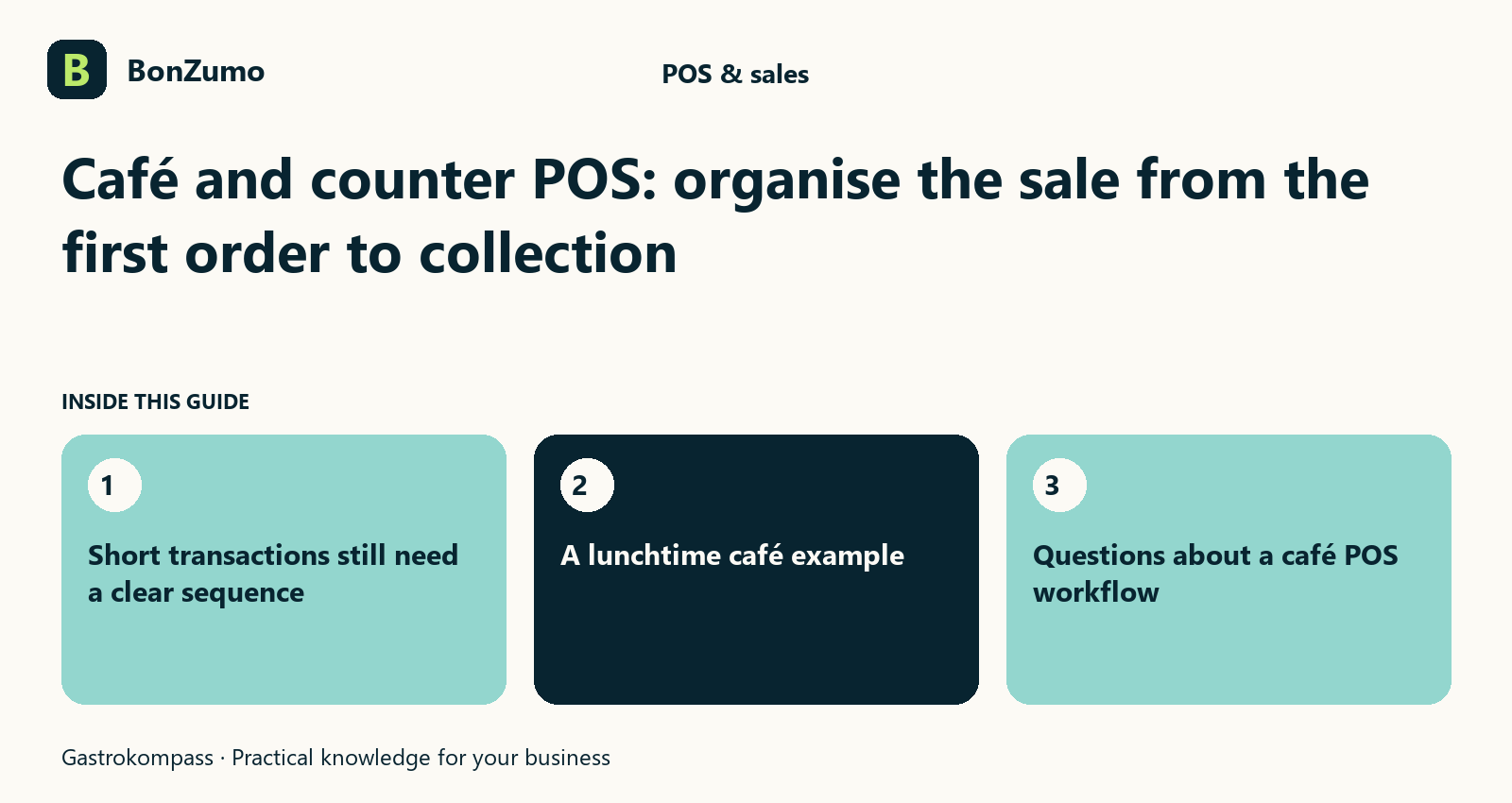 Guide overview: Café and counter POS: organise the sale from the first order to collection: Short transactions still need a clear sequence; A lunchtime café example; Questions about a café POS workflow