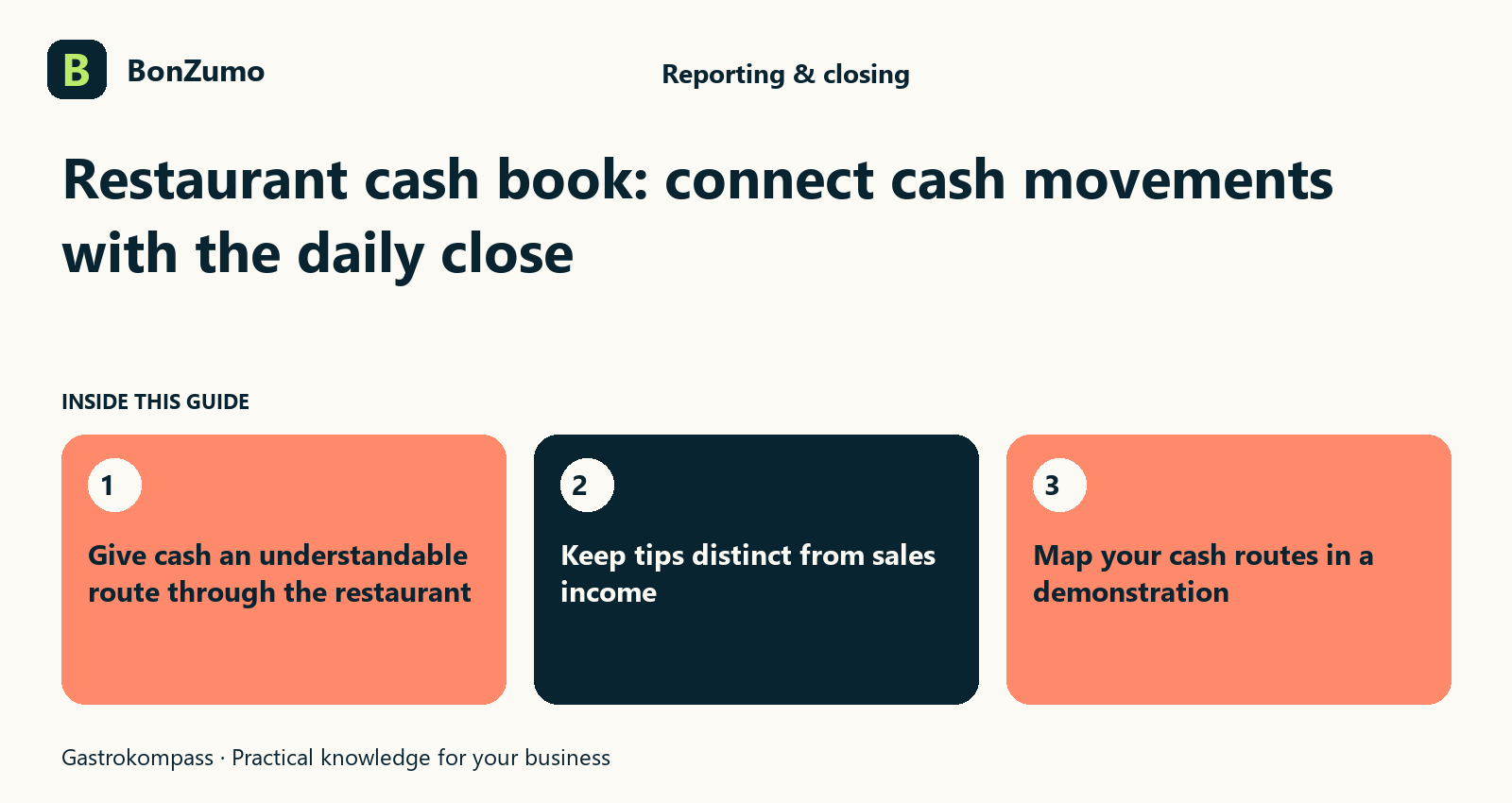 Guide overview: Restaurant cash book: connect cash movements with the daily close: Give cash an understandable route through the restaurant; Keep tips distinct from sales income; Map your cash routes in a demonstration