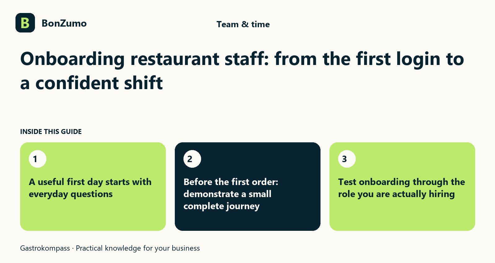 Guide overview: Onboarding restaurant staff: from the first login to a confident shift: A useful first day starts with everyday questions; Before the first order: demonstrate a small complete journey; Test onboarding through the role you are actually hiring