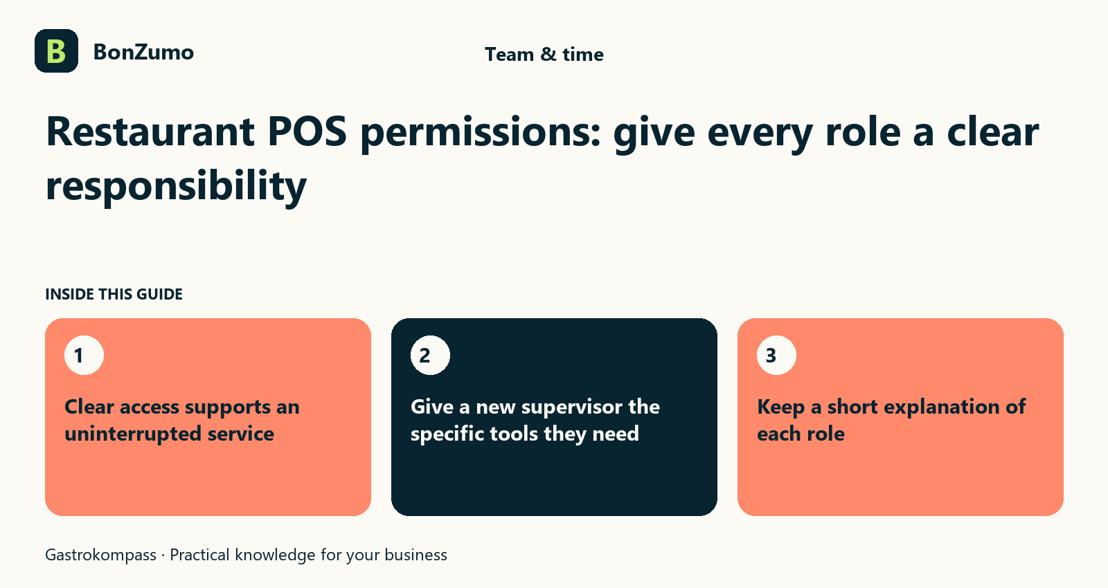 Guide overview: Restaurant POS permissions: give every role a clear responsibility: Clear access supports an uninterrupted service; Give a new supervisor the specific tools they need; Keep a short explanation of each role