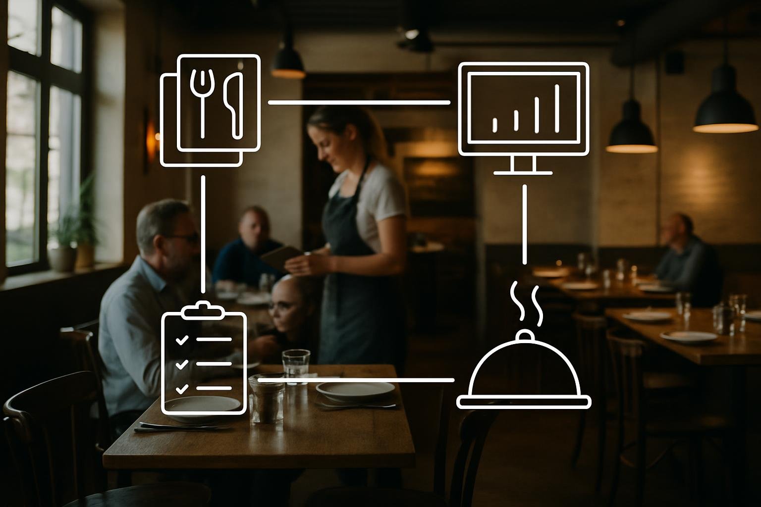 Abstrakte Darstellung der verbundenen Abläufe im Restaurant: Bestellung, Service, Küche, Zahlung und Management in Bonzumo.